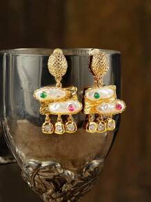 Glisma 18K Gold-Plated Vintage Asymmetrical Pearl/Shell Earrings, Suitable For Holiday, Wedding, Honeymoon, Concert/Festival, Party - For Women/Girls, Autumn/Winter, Festival, Holiday, Vacation - Gold - View 3
