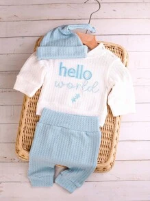 SHEIN Newborn Photography Outfit - Baby Boys/Girls 1-3 Months "HELLO" Embroidered Top, Pant & Hat 3-Piece Set, Infant Studio Prop Clothes Baby Boy Knitted Set Fall Winter