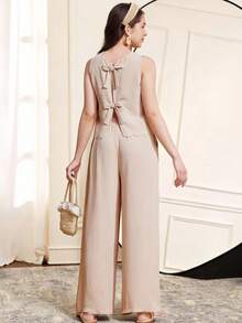 SHEIN Teen Girl Summer Apricot & Khaki Sleeveless Backless Bow Decor Loose Wide Leg Pants 2 Pieces Vacation Casual Outfits Set
