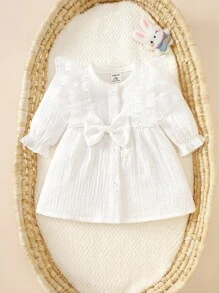 SHEIN 新生女婴优雅蝴蝶结白色棉质休闲长袖连衣裙，甜美简约风格