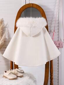 1pc Tween Girls Cape Coat With Detachable Hood And Faux Fur Collar, Elegant & Sweet Outerwear Suitable For Daily, Vacation, Events