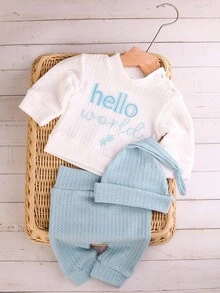 SHEIN Newborn Photography Outfit - Baby Boys/Girls 1-3 Months "HELLO" Embroidered Top, Pant & Hat 3-Piece Set, Infant Studio Prop Clothes Baby Boy Knitted Set Fall Winter