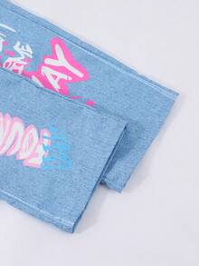 SHEIN ChillGRL Tween Girls Graffiti Denim Effect Straight Leg Pants - Baby Blue - View 5