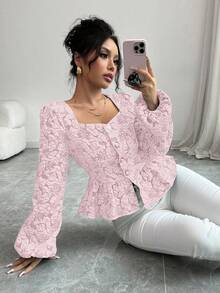 Elenzga Áo cánh tay đèn lồng họa tiết hoa jacquard thanh lịch dành cho nữ, áo peplum mùa thu - Hồng - Xem 4