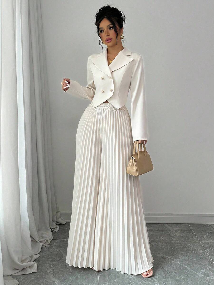 Selianne 2pcs Set: Women Elegant Cinched Waist Double-Breasted Jacket And Wide-Leg Pleated Pants Fall Cloth For Women - Beige - View 1