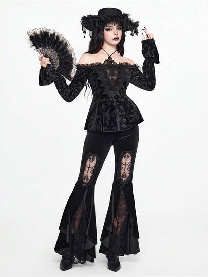 EDITION Blusa nera elegante e gotica con ricamo in pizzo a spalle scoperte per donne, adatta per Ognissanti