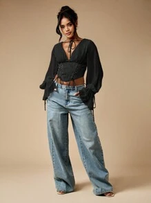 MISSGUIDED 复古系带束身衣灯笼袖雪纺上衣维多利亚蒸汽朋克秋季时尚农民衬衫派对晚会俱乐部服装个性单品 - 黑色 - 查看 4