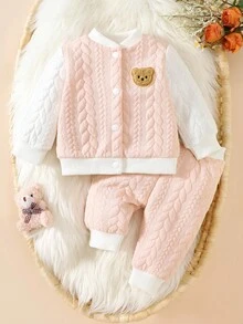 SHEIN 新生儿秋冬新款棉混纺长袖熊图案时尚婴儿两件套，长袖上衣和裤子 - 粉色 - 查看 3