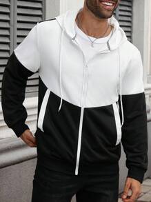 Manfinity Homme Plus Size Men's Contrast Color Patchwork Zip-Up Hoodie Sweatshirt , Fall, Long Sleeve Top - Black and White - View 7