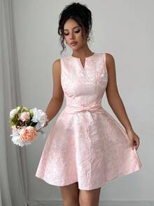 Elenzga 新款女士迷你连衣裙，采用褶皱设计，无袖，提花腰部蝴蝶结造型，修身剪裁，轻盈舒适，优雅甜美，适合春夏穿着。 - 粉色 - 查看 6