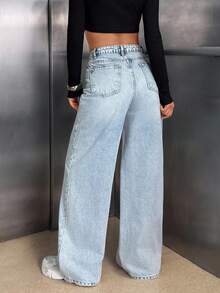 EURMUSE Jeans droits décontractés à taille basse et jambes larges avec effet délavé, bleu