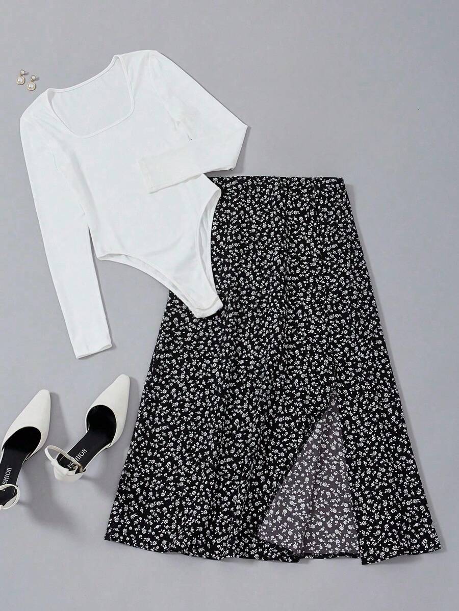 EMERY ROSE Solid Lang Sleeve Body & Ditsy Floral Split Thigh Skirt Fall Cloth For Women - Multicolor - View 1