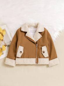 Young Girl Zipper Collar Long Sleeve Patchwork Fleece Casual Motorcycle Jacket Fall Winter - Khaki - View 6