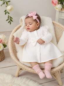 SHEIN 新生女婴优雅蝴蝶结白色棉质休闲长袖连衣裙，甜美简约风格