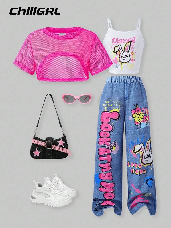 SHEIN Conjunto de 3 piezas de ropa de primavera para niña preadolescente, compuesto por top corto de unicolor, top de tirantes con estampado de conejo y pantalones efecto denim con gráfico impreso de conejo, conjunto de festival