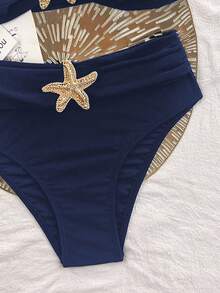 SHEIN Swim 2026 Spring/Summer Women's Navy Blue Strapless Gold 3D Starfish Detachable Halter Strap Elegant Bikini Two Pieces Swimsuit - Navy Blue - View 4
