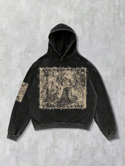 Goth Sweat-shirt à capuche sans poche pour hommes, personnage religieux lavé à l'acide noir