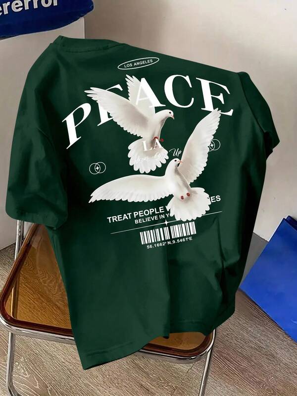 Manfinity Dauomo Camiseta de manga corta casual de corte regular con estampado de paloma para hombres