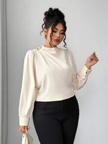 Elenzga Áo sơ mi dài tay cổ xếp ly màu trơn cỡ lớn thanh lịch cho văn phòng - Màu be - Xem 7