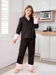 2pcs Elegant & Sweet Solid Color Girls' Long Sleeve Top And Pants Homewear Set Girls Pajama Set - Black - View 3