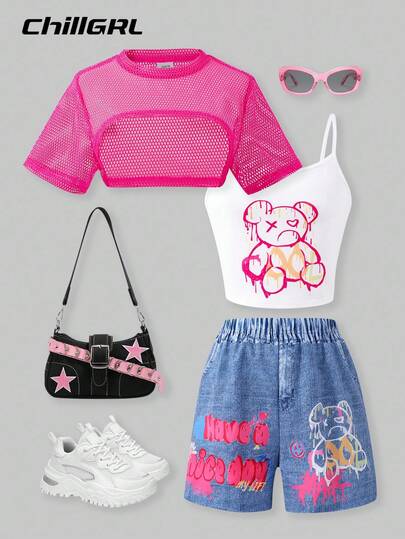 SHEIN ChillGRL 3 件套青少年女孩纯色圆领短袖上衣、小熊涂鸦印花吊带背心和牛仔效果短裤