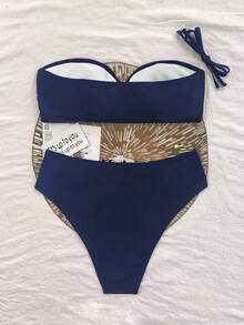 SHEIN Swim 2026 Spring/Summer Women's Navy Blue Strapless Gold 3D Starfish Detachable Halter Strap Elegant Bikini Two Pieces Swimsuit - Navy Blue - View 3