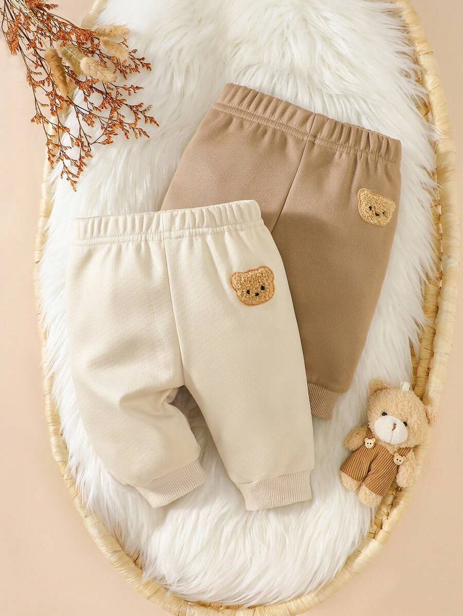 SHEIN 2件套纯棉婴儿休闲裤，卡其色和米色，百搭，时尚，可爱，柔软，舒适的外套 - 彩色 - 查看 1