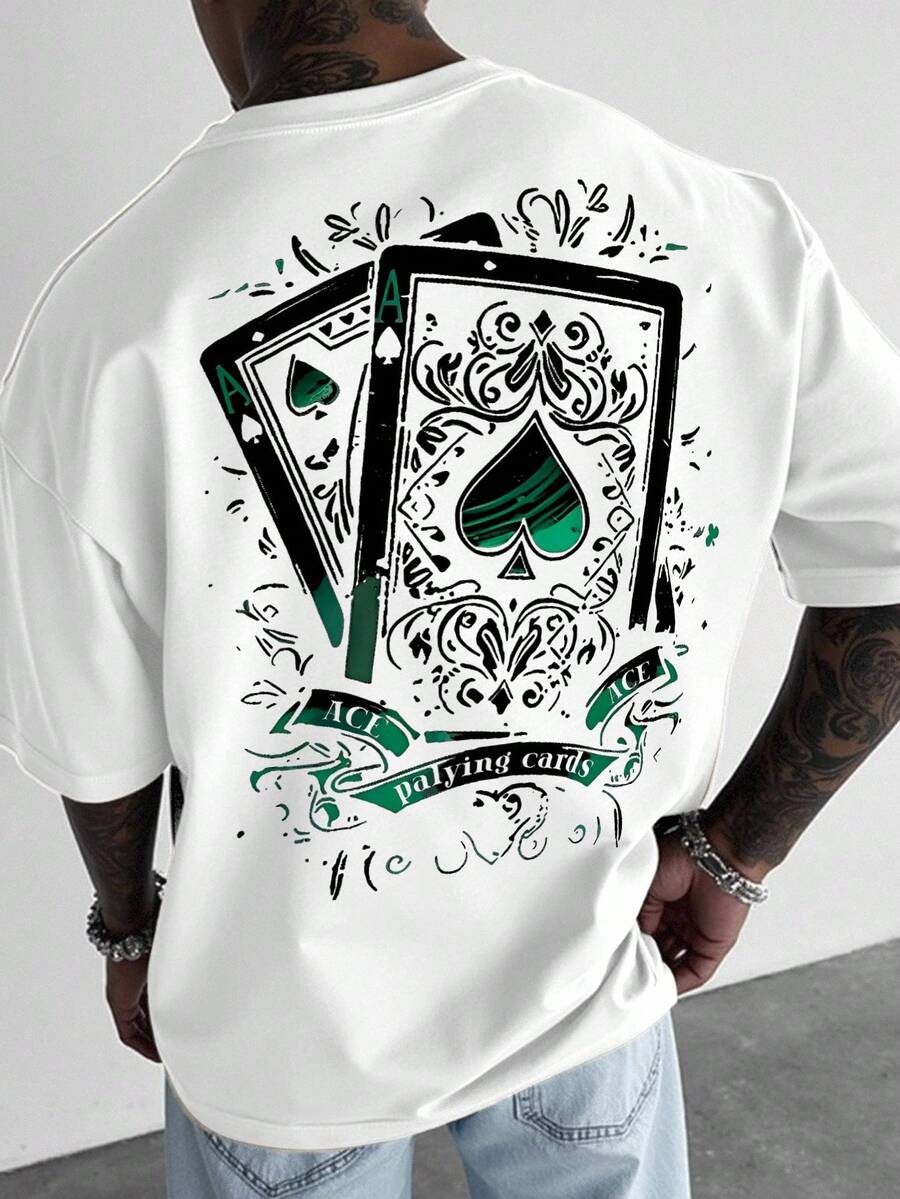 Manfinity LEGND Men's White Round Neck Short Sleeve T-Shirt, Poker Card Graphic Print, Spade A Print, American Street Style, Versatile For Daily Wear Ace Ace Of Spades T Shirt Men, 2000s Style