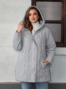 EMERY ROSE Plus Size Solid Color Minimalist Hooded Long Sleeve Sweatshirt, Casual Everyday Wear,Winter Clothes,Chic Autumn&Winter Fall - Grey - View 6