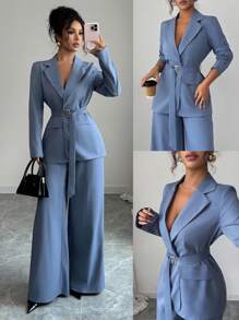 Elenzga 2025 Spring/Autumn New Fashion Elegant Casual/Office Commute Metal Buckle Waist Long Sleeve Jacket + Straight Loose Wide Leg Pants Suit Set Fall Cloth For Women - Dusty Blue - View 6