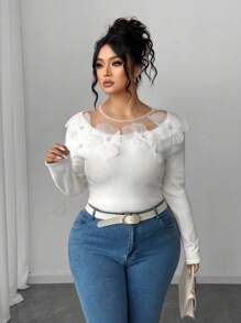 Elenzga Plus Size Mesh Patchwork Applique Elegant Long Sleeve Pullover Sweater Winter Fall Autumn