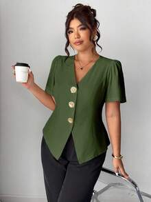 Elenzga 大码时尚装饰玫瑰纽扣开衫衬衫 - 軍綠色 - 查看 4