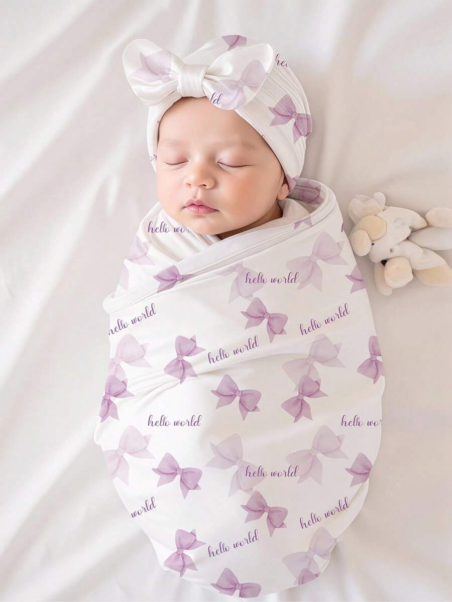 SHEIN 2er Set Neugeborenen Fotografie Wickeltuch Rosa Schleifenmuster Baby Mädchen Foto Requisiten mit Schleife Turban Hut Neugeborenen Decke