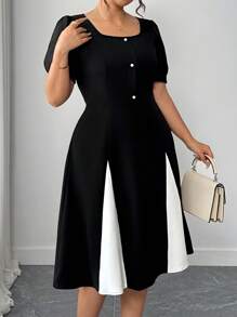 Elenzga Plus Size Color Block Round Neck Elegant Commuter Short Sleeve Dress, Summer - Black - View 4