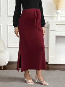 SHEIN Elegant Maternity Solid Color Split Hem Knit Skirt