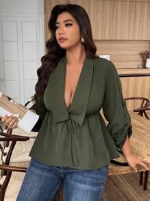 Weeklong Chemise ample de couleur unie avec cordon de serrage à la taille - Militaire verte - Voir 3