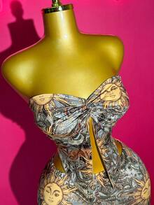 Slaydiva 2025 Summer New Arrival Halter Twist Hem Crop Top And Bodycon Shorts Set, Bohemian Sunflower Print, Suitable For Birthday Party, Back To School, Daily Casual, Vacation, Cruise, Beach, Sunbathing, 2-Piece Outfit For Women