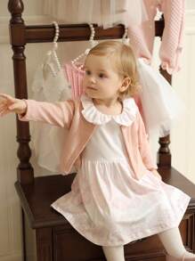 SHEIN Baby White,Autumn,Matching Family Peter Pan Collar Sleeveless Pink Dress And Long Sleeve Crew Neck Cardigan Set,Cute Fall Homecoming Hoco Dresses - Baby Pink - View 4