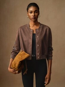 Lyxana Suede Print Rhinestone Decor Baseball Collar Button Front Casual Jacket For Women Fall Winter Cloth For Women - Coffee Brown - View 6