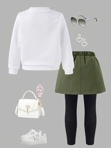 2pcs/Set Setelan Anak Perempuan Kasual Chic Hoodie dengan Desain Grafis dan Rok Kargo dengan Legging, Cocok untuk Musim Gugur/Musim Dingin/Musim Semi - MultiWarna - View 3