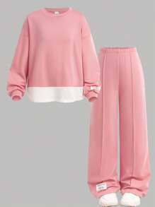 青春期女孩粉色、旅行、春夏、假期、返校节、休闲针织拼布、编织标记、圆领长袖上衣和裤子套装、返校毕业服装 - 粉色 - 查看 11