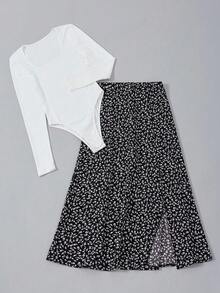 EMERY ROSE Solid Lang Sleeve Body & Ditsy Floral Split Thigh Skirt Fall Cloth For Women - Multicolor - View 7