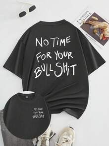 EMERY ROSE Camiseta de manga corta de cuello redondo con estampado de letras, corte holgado y talla grande para mujer - Gris Oscuro - Ver 3