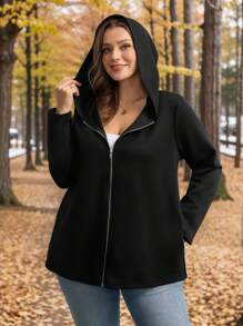 Comfylo 大码女式冬季外套，大码秋季休闲黑色外套，万圣节服装，女式冬季拉链连帽外套，带口袋，飞行员夹克，女式黑色外套，口袋设计，适合秋冬季外出穿着，秋季百搭。 - 黑色 - 查看 10