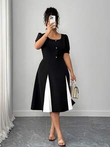 Elenzga Plus Size Color Block Round Neck Elegant Commuter Short Sleeve Dress, Summer - Black - View 6
