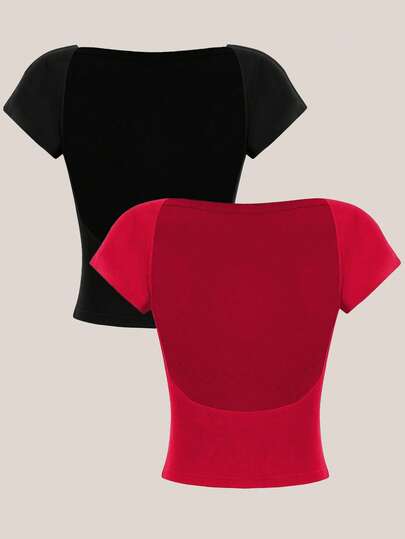 SHEIN EZwear 2 piezas Camiseta corta de cuello redondo y espalda descubierta de manga corta, ajustada para mujer, de verano