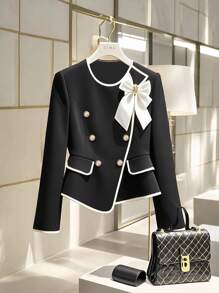 GlowEve Chaqueta blazer de manga larga con decoración de lazo y ribete blanco, elegante y nueva para mujer - Negro - Ver 1