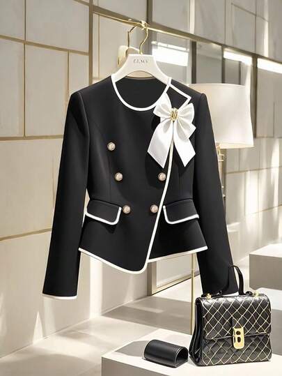 GlowEve Women's New Elegant White Trim Bow Decor Long Sleeve Blazer Jacket Fall Cloth For Women