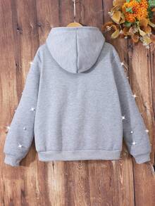 SHEIN Teen Girls Casual Chic Faux Pearl Embellished Thermal Lined Zip-Up Sweatshirt - Grey - View 2