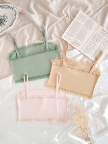 3-Pack Girls' Minimalist Fashion Green, Light Pink, And Beige Camisole Undershirts,Lace Tube Top - Multicolor - View 2